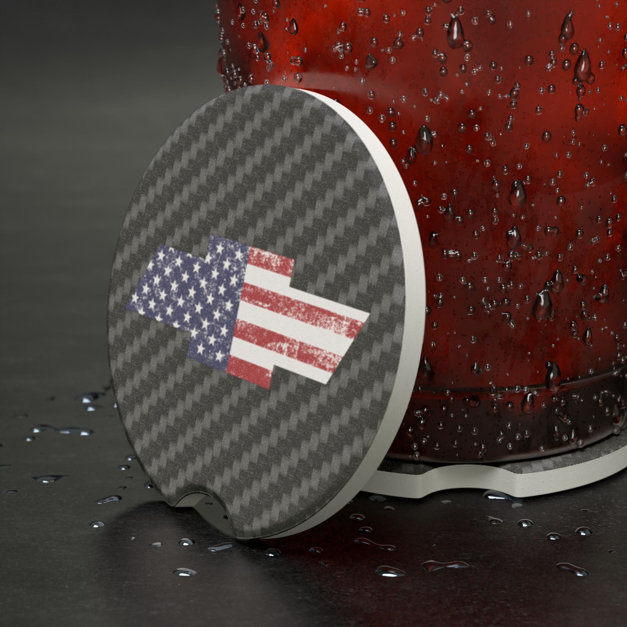 Chevy American Flag Carbon Fiber Soapstone Car Coaster