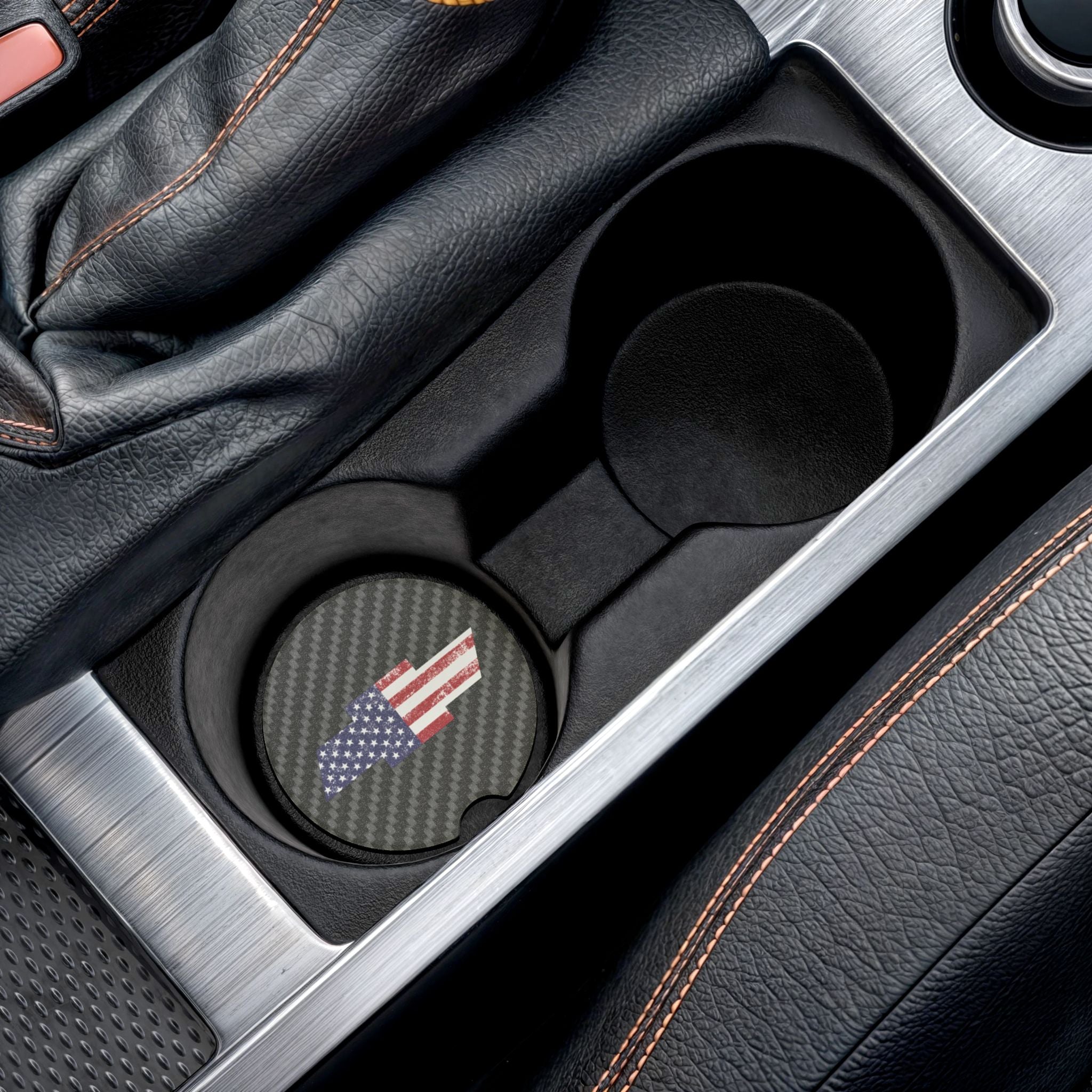 Chevy American Flag Carbon Fiber Soapstone Car Coaster